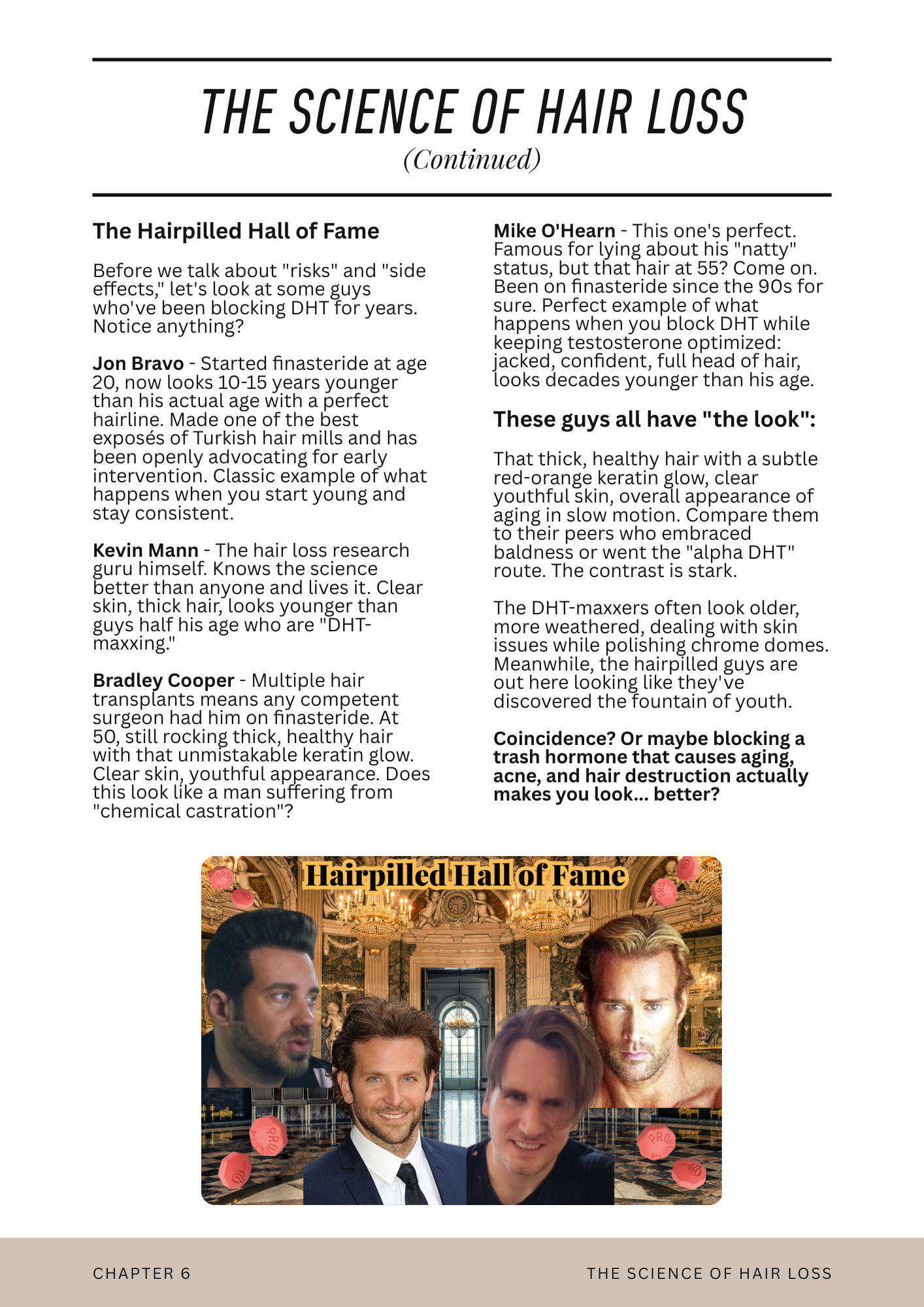 Text explaining benefits of blocking DHT for hair loss with photos of four men labeled as Hairpilled Hall of Fame, showing thick hair and youthful appearance.