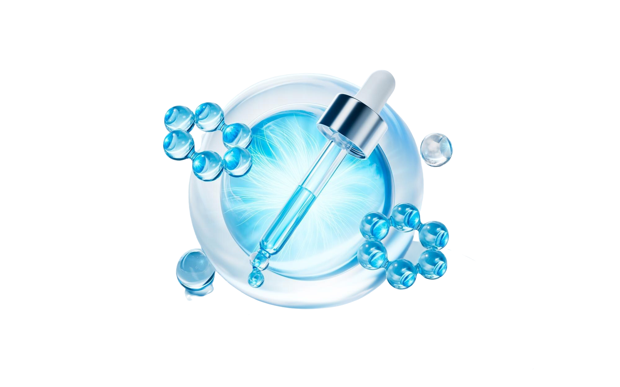 Cosmetic dropper with blue liquid surrounded by translucent blue bubbles and a glowing blue circular background.