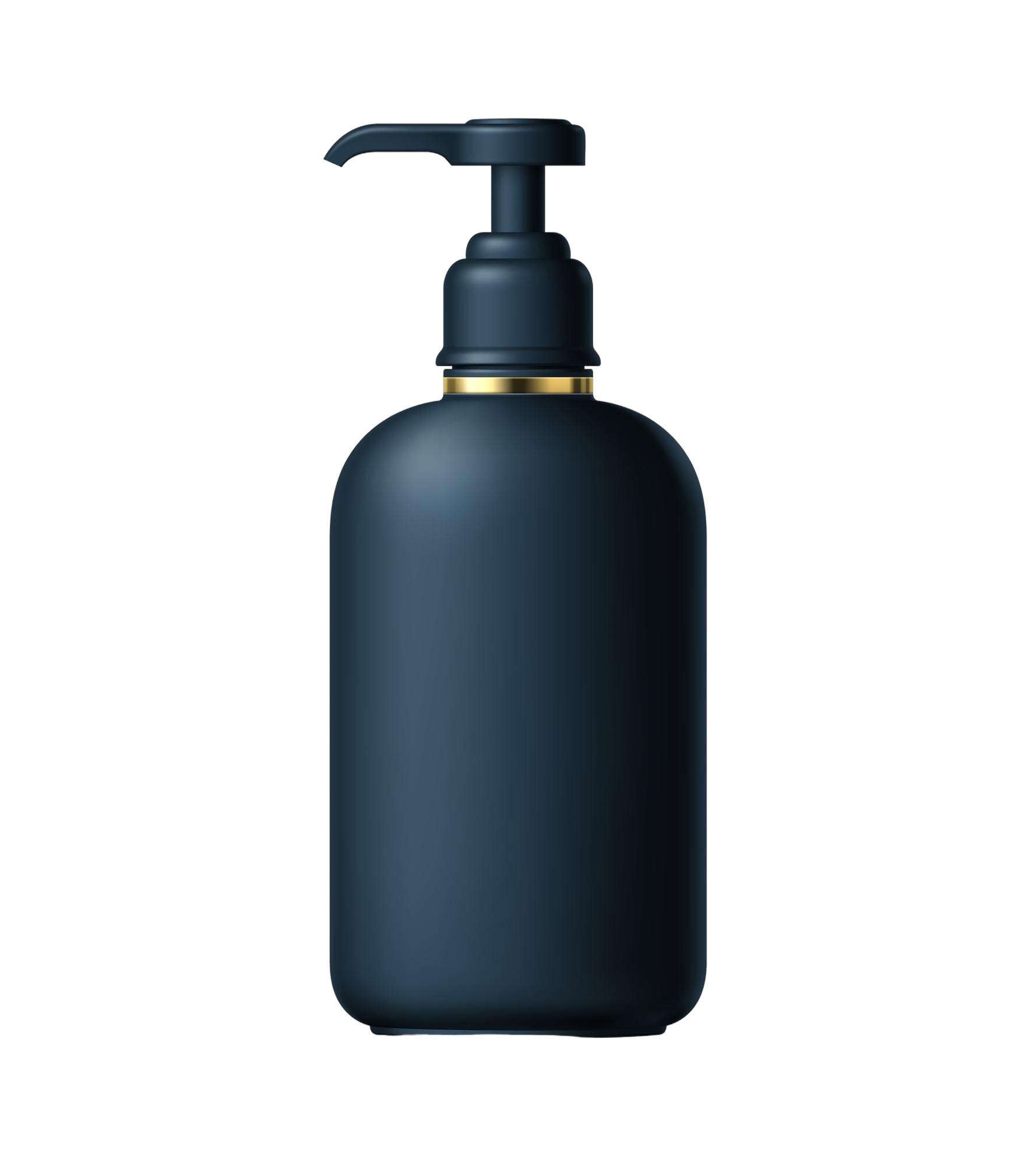 Dark blue pump bottle with a gold accent ring below the pump dispenser.
