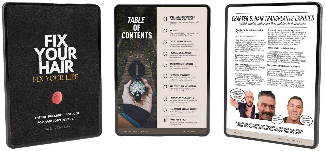 Three digital book tablet screens showing a hair loss reversal guide; cover reads 'Fix Your Hair Fix Your Life', second screen displays a Table of Contents, third screen reveals Chapter 5 about hair transplant scams with influencer warnings.