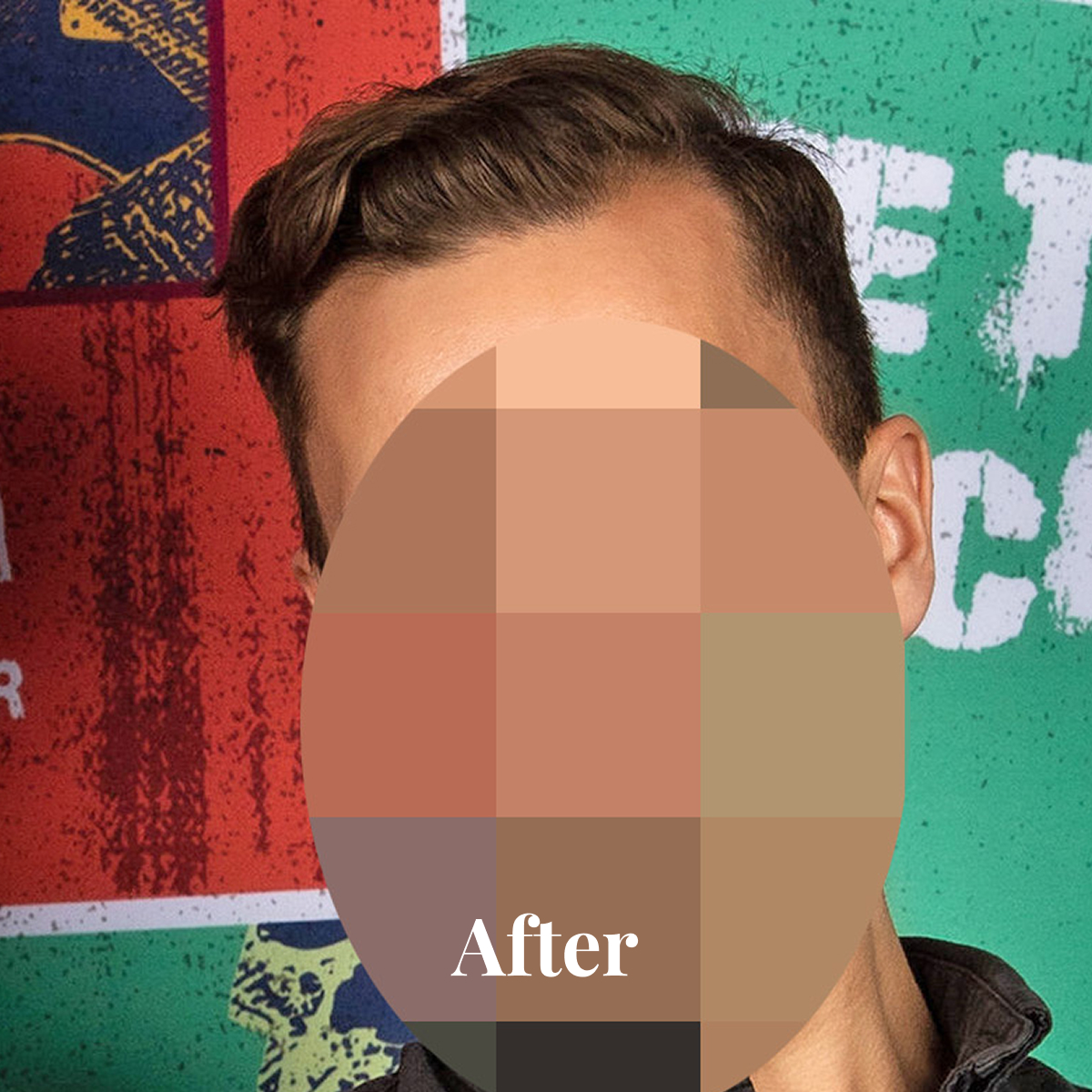 Person with short brown hair wearing a black jacket standing against a colorful graffiti background.