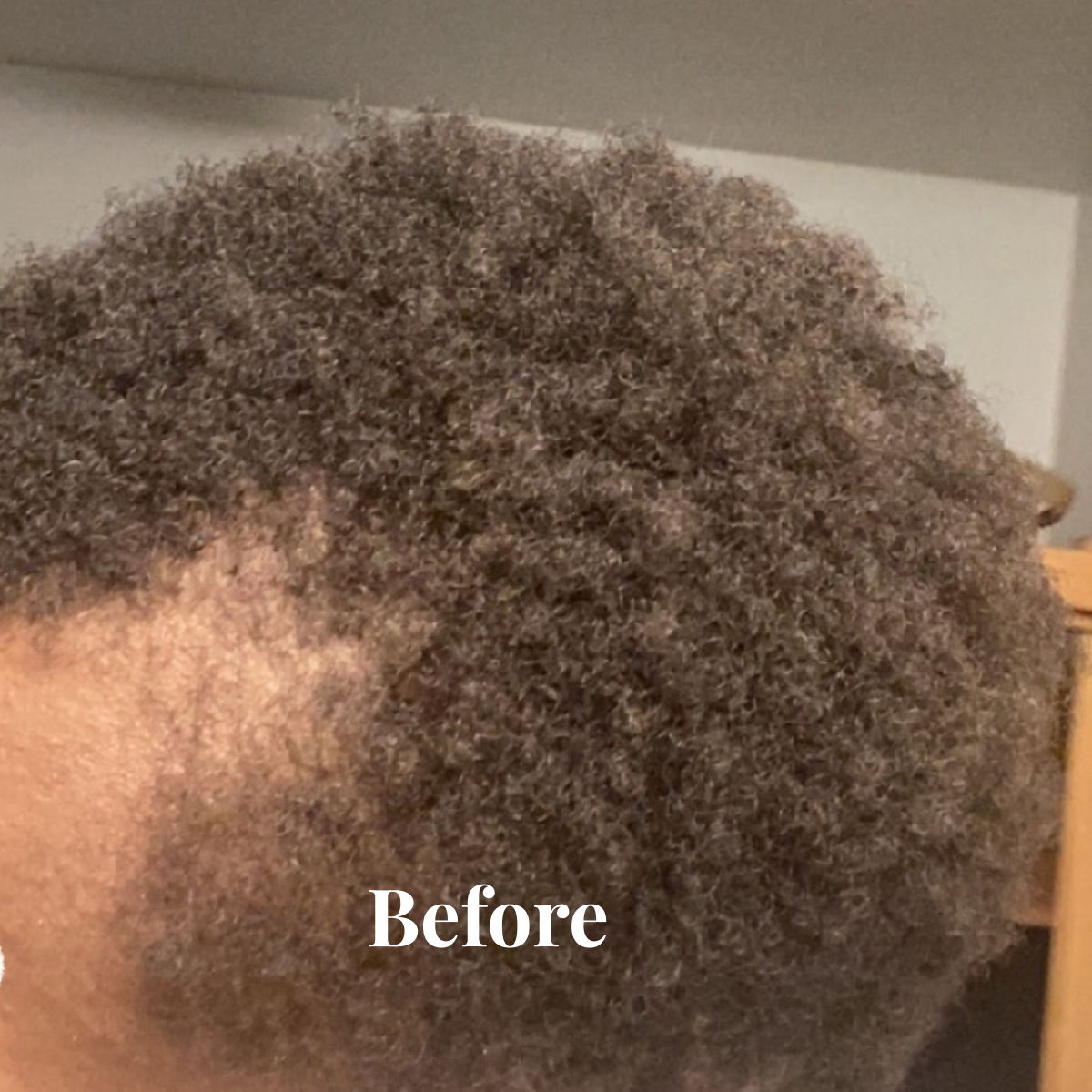 Close-up of natural tightly coiled dark brown hair labeled 'Before'.