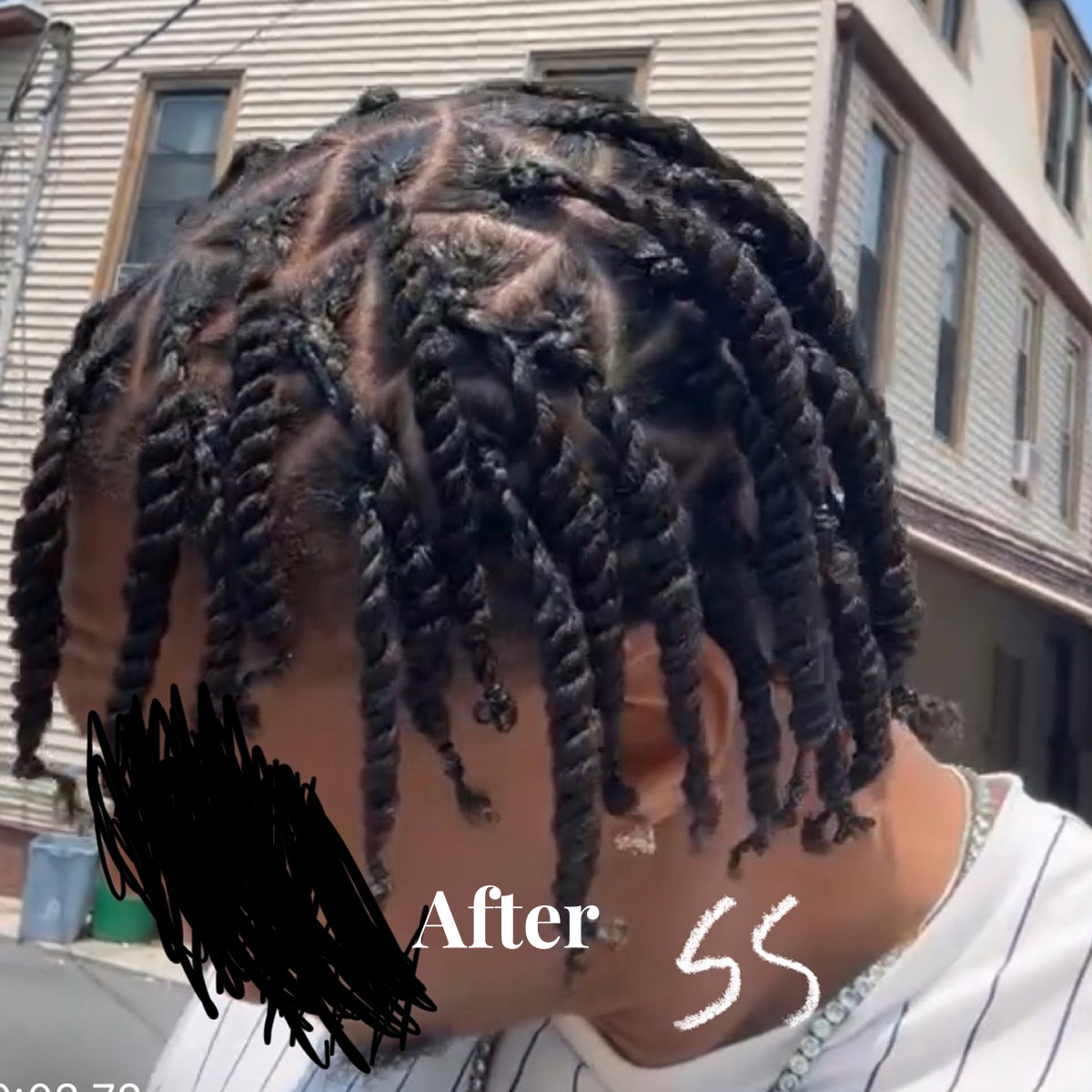 Close-up of a person's head with neatly twisted and parted hair styled in small twists.