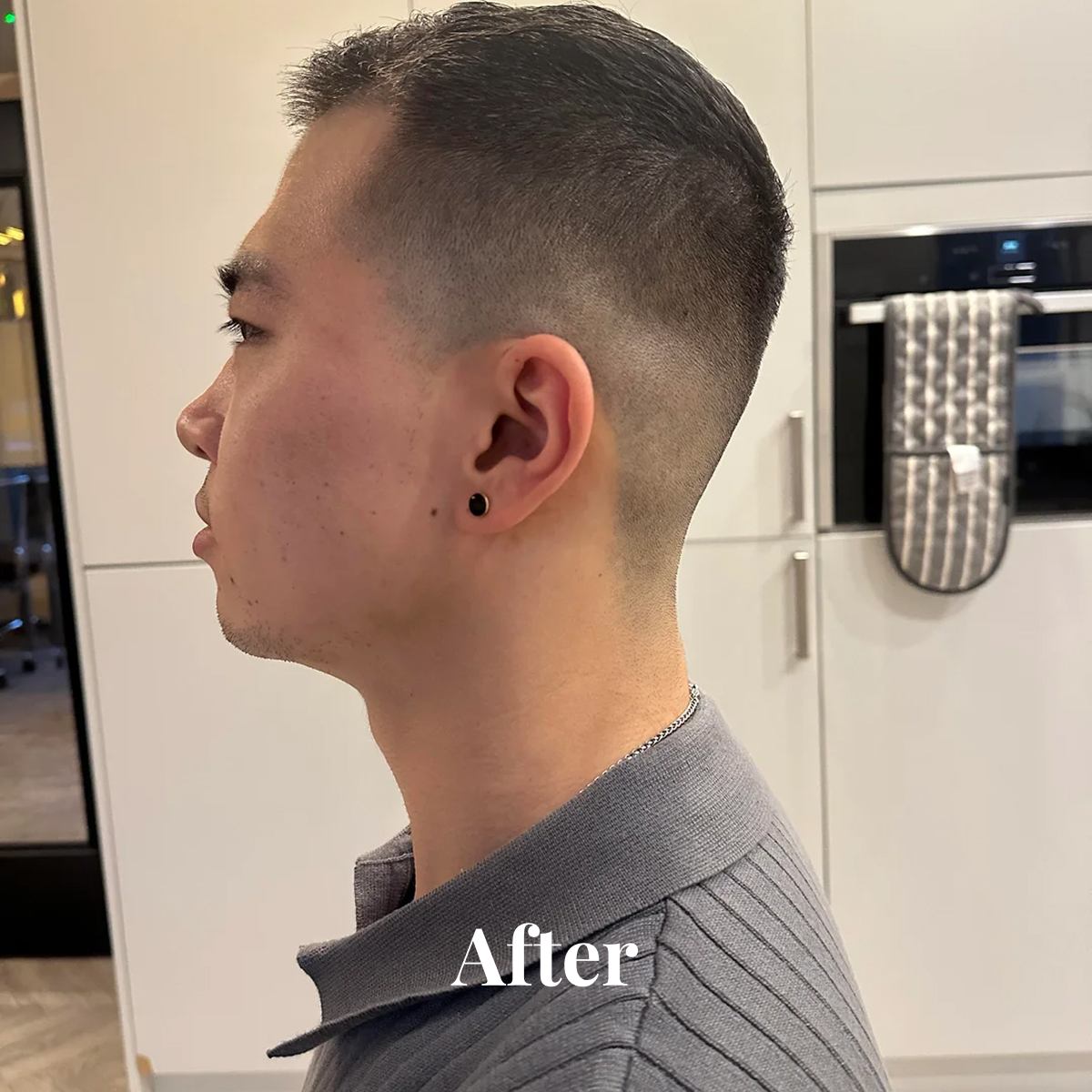 Side profile of a man with a short fade haircut wearing a gray collared shirt, with the text 'After' at the bottom.