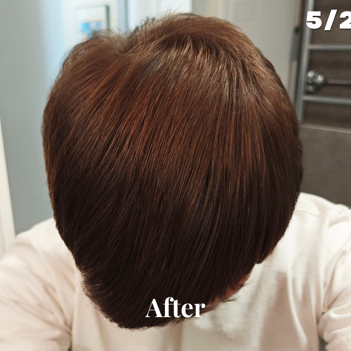 Top view of a person's smooth, neatly styled brown hair labeled 'After'.