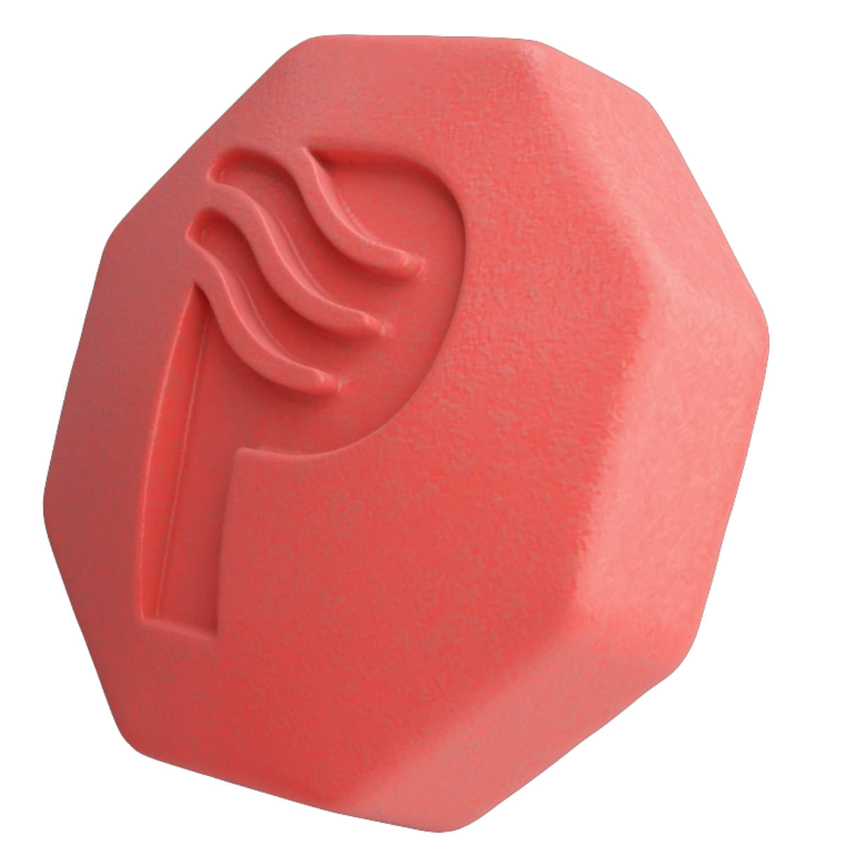 Red hexagonal object with an embossed abstract flame symbol.