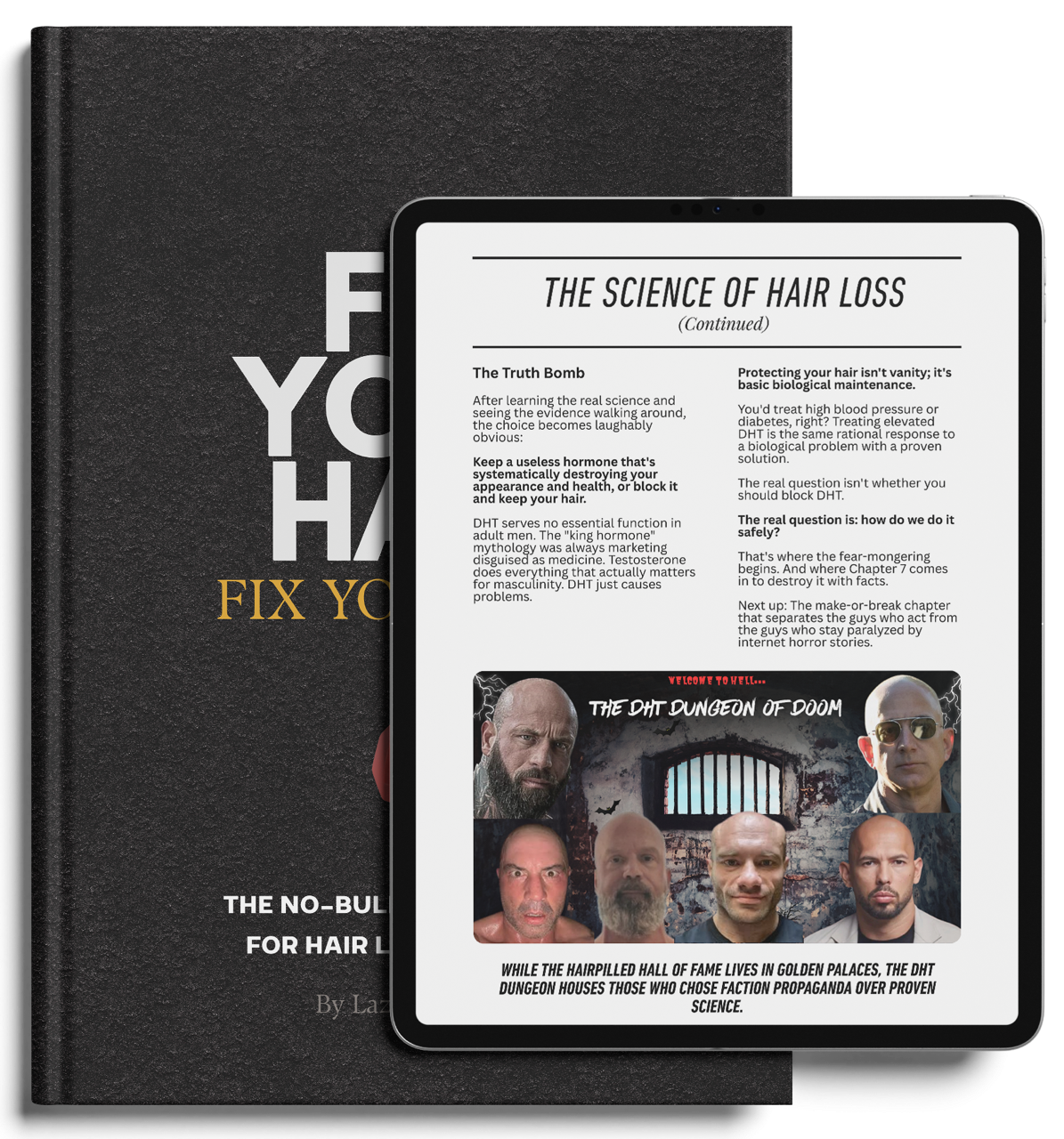 Book titled 'Fix Your Hair' alongside a tablet displaying a page titled 'The Science of Hair Loss' discussing DHT hormone and hair protection, including images of bald men under a 'DHT Dungeon of Doom' section.