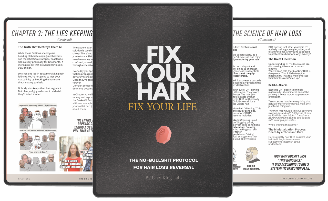 Front cover of a book titled 'Fix Your Hair Fix Your Life' by Lazy King Labs, described as the no-bullshit protocol for hair loss reversal, with two open pages in the background showing text and illustrations about hair loss myths and science.