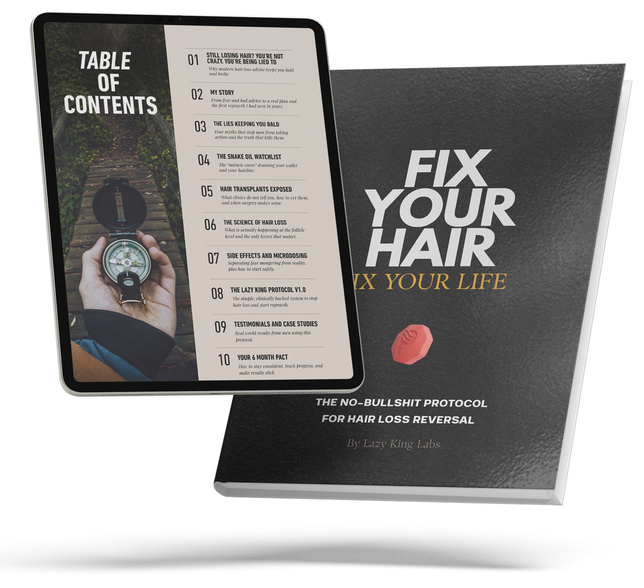 Book titled 'Fix Your Hair Fix Your Life' with a tablet displaying a table of contents related to hair loss topics.