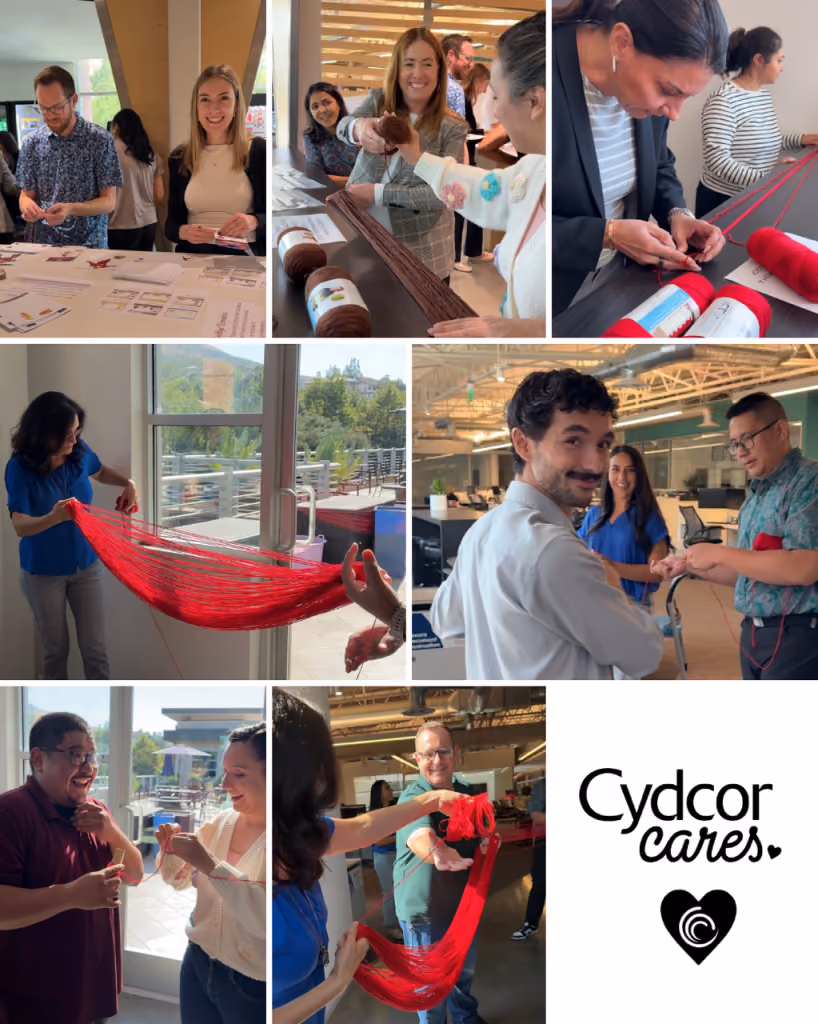 Collage showing people smiling and working together with red yarn in an indoor workspace.