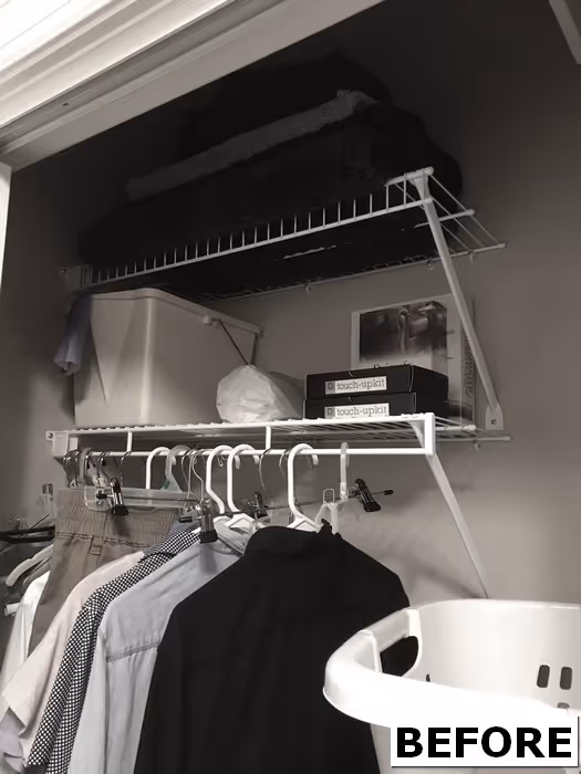 Laundry room corner with cluttered countertop and cabinets