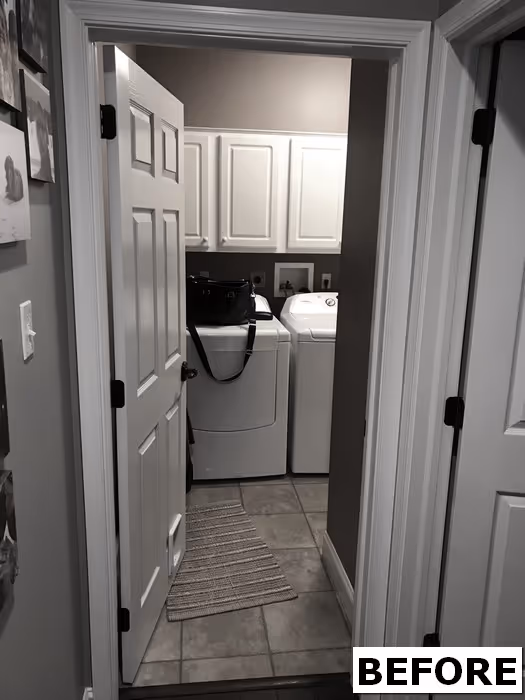 Before: Laundry room with a washer, dryer, and scattered belongings