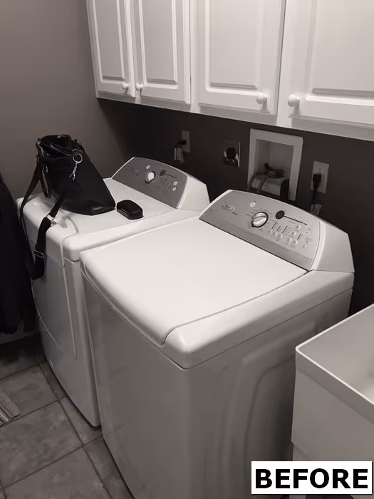 Before: Laundry room entrance with disorganized space and items.
