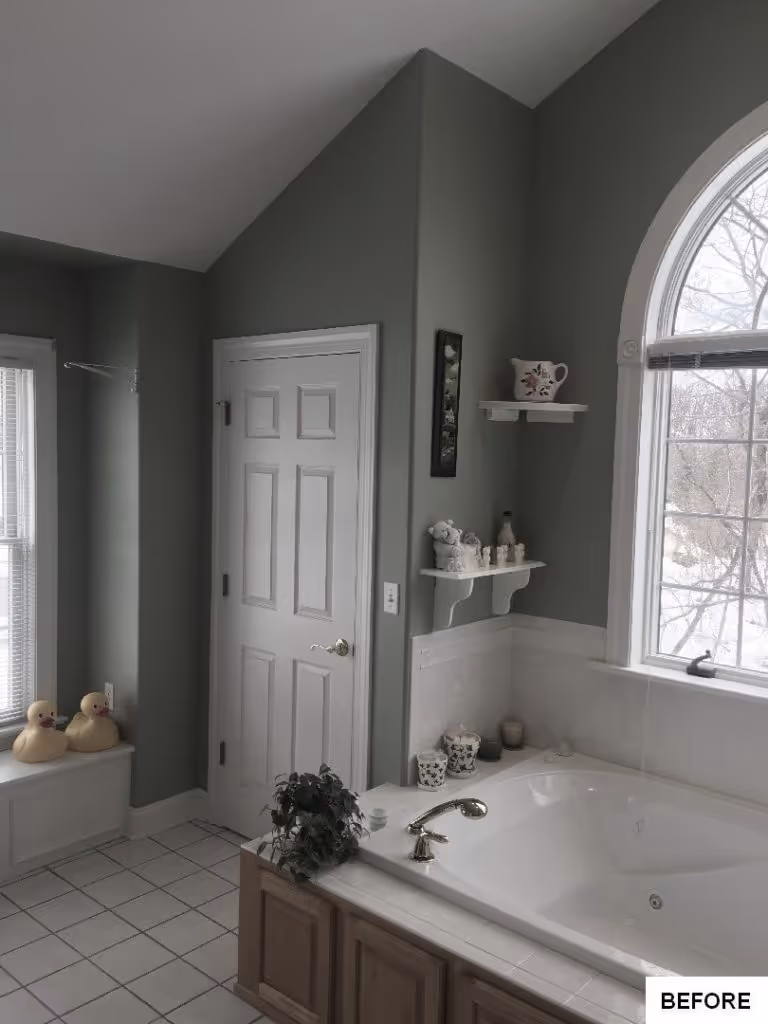 Before image of a bathroom in Hummelstown, PA featuring a beige jacuzzi and light gray walls