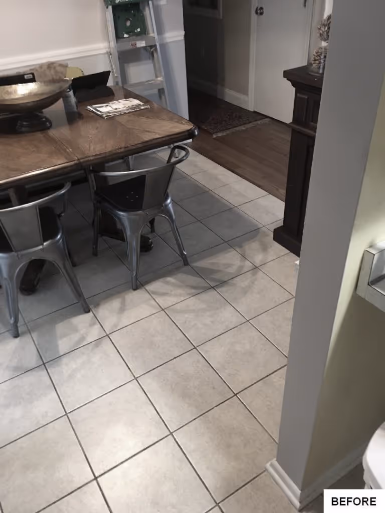 Modern dining room in Mechanicsburg, PA with industrial seating and neutral tile flooring