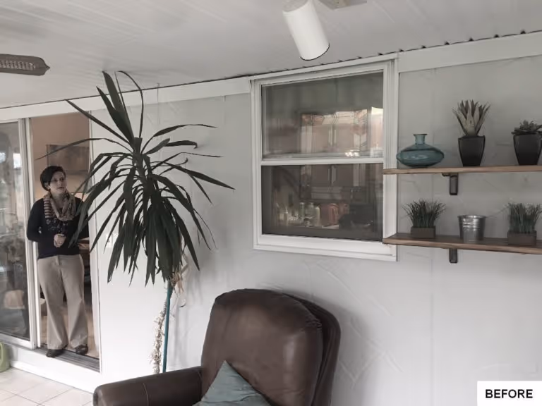 Cozy living room with a large indoor plant, brown leather chair, and wooden shelves featuring decor in Mechanicsburg, PA