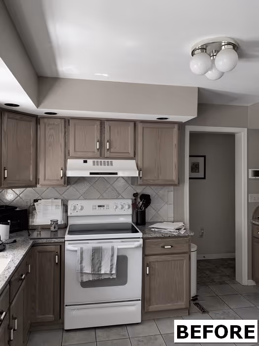 Contemporary kitchen with light wood cabinets, gray countertops, and tiled backsplash in floribunda heights, camp hill, pa