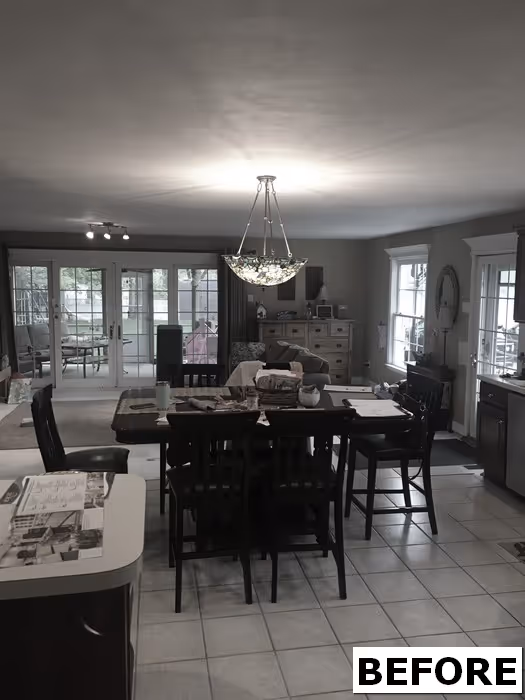 Spacious kitchen and dining area with a chandelier, contemporary style, in new cumberland, pa