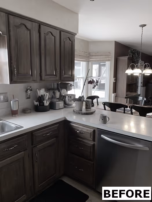 Transitional kitchen with dark wood cabinets and a bright countertop in Mechanicsburg, PA.