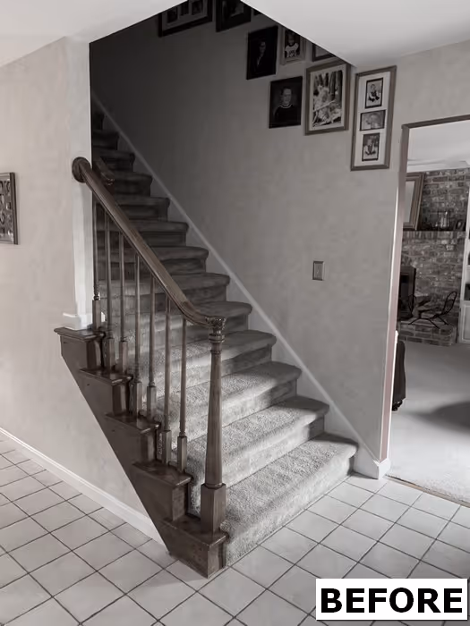 Transitional entryway with carpeted stairs and framed photos in mechanicsburg, pa.