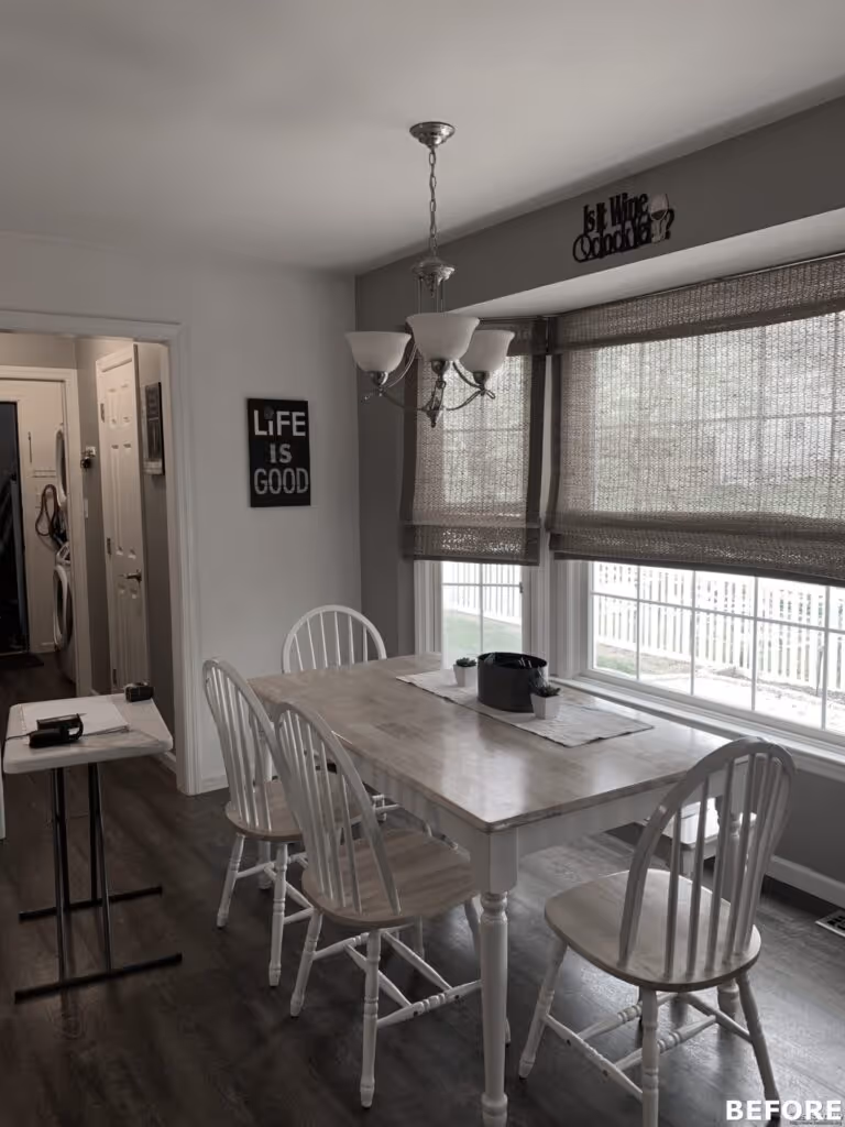 Light and airy dining room featuring a wooden table and white chairs in Hummelstown, PA.