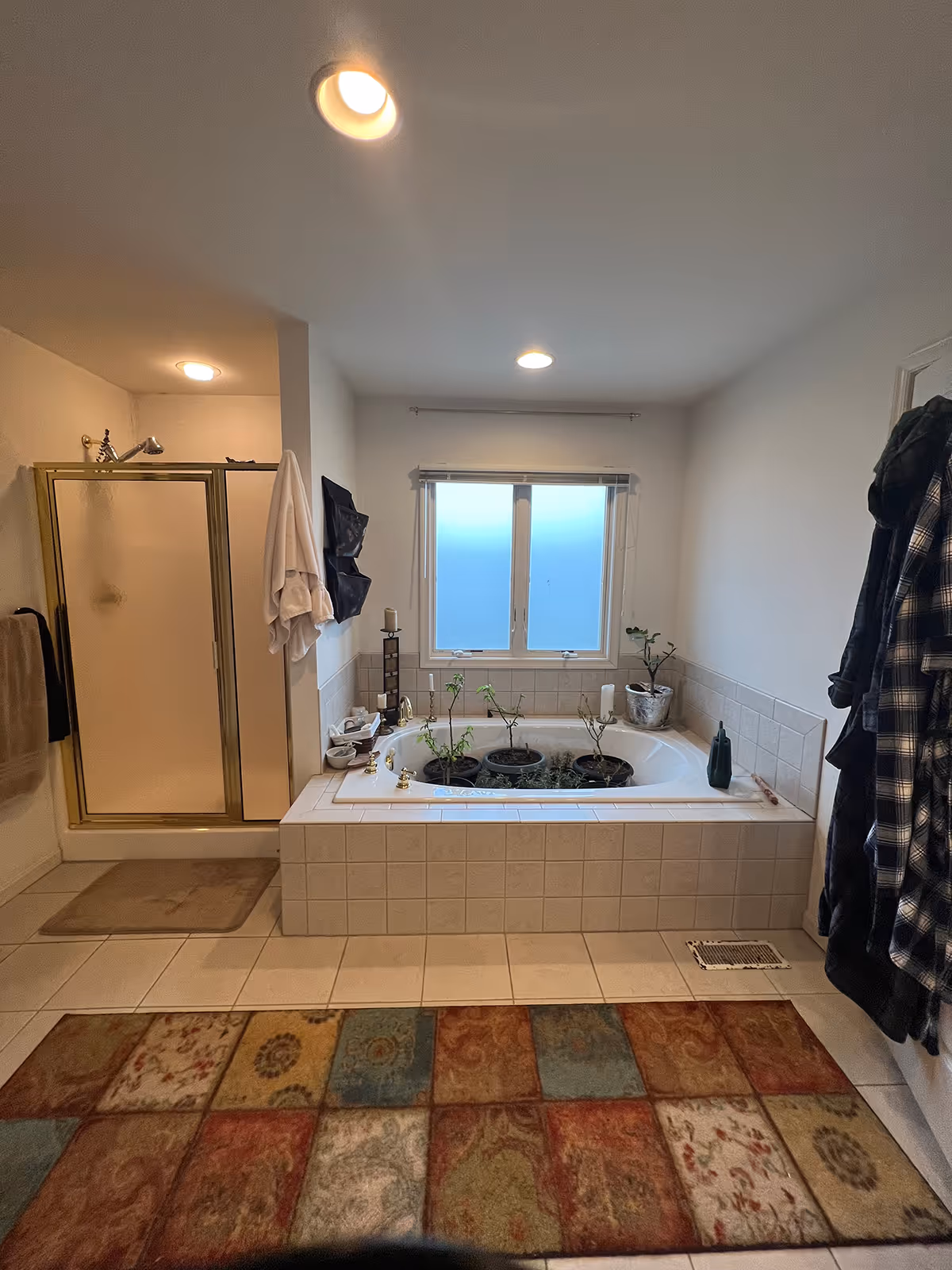 Bright bathroom in Mechanicsburg, PA featuring a jetted tub with plants, tiled flooring, and a shower area.