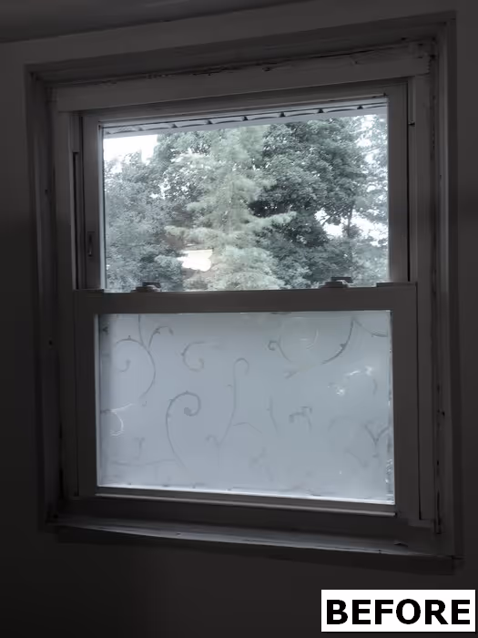 Before renovation window with frosted glass and view of trees in Harrisburg, PA