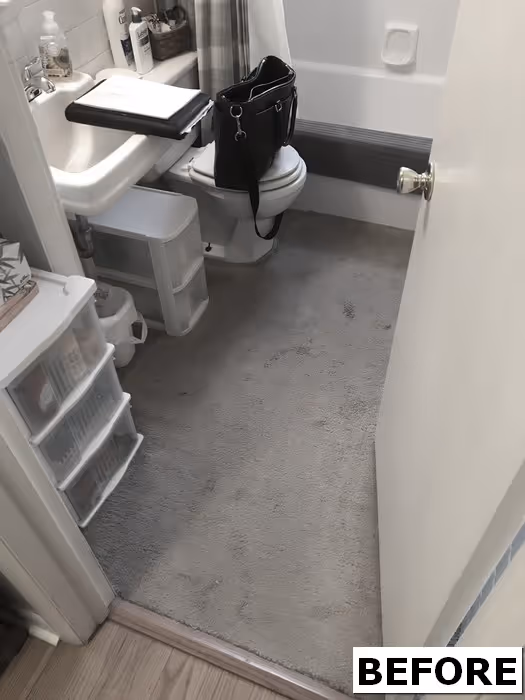 A small, functional bathroom in Harrisburg, PA, featuring a sink, toilet, and soft gray rug.