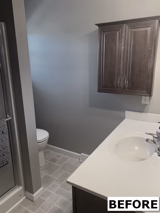 Transitional bathroom with dark wood cabinets and grey walls in Elizabethtown, PA