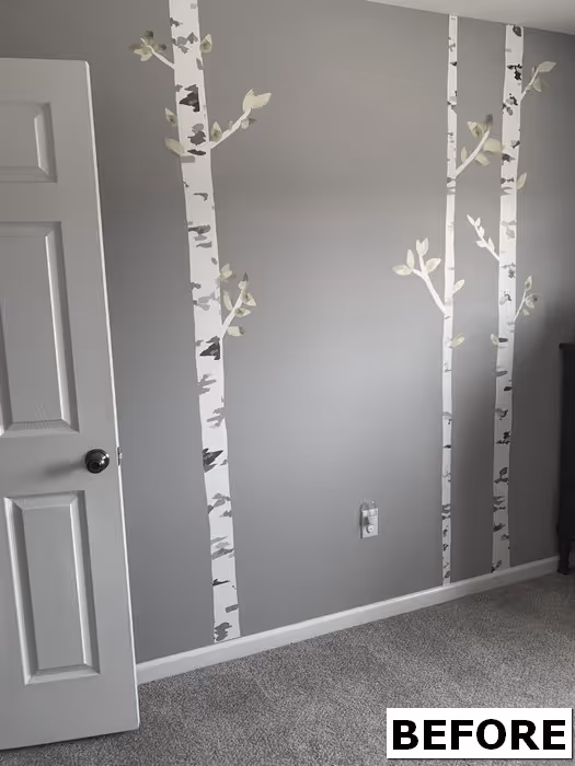 Minimalist bedroom with gray walls and birch tree decals, Elizabethtown, PA
