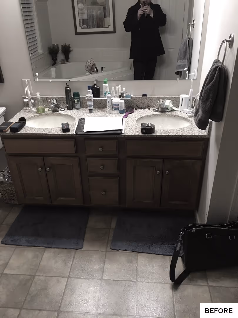 Contemporary bathroom with dual sinks, wooden cabinets, gray mats, and a soothing palette in Elizabethtown, PA
