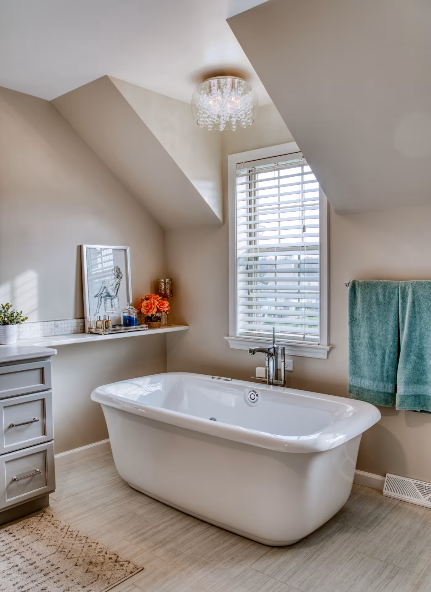 Contemporary bathroom featuring a freestanding tub, elegant decor, and soothing colors in Elizabethtown, PA