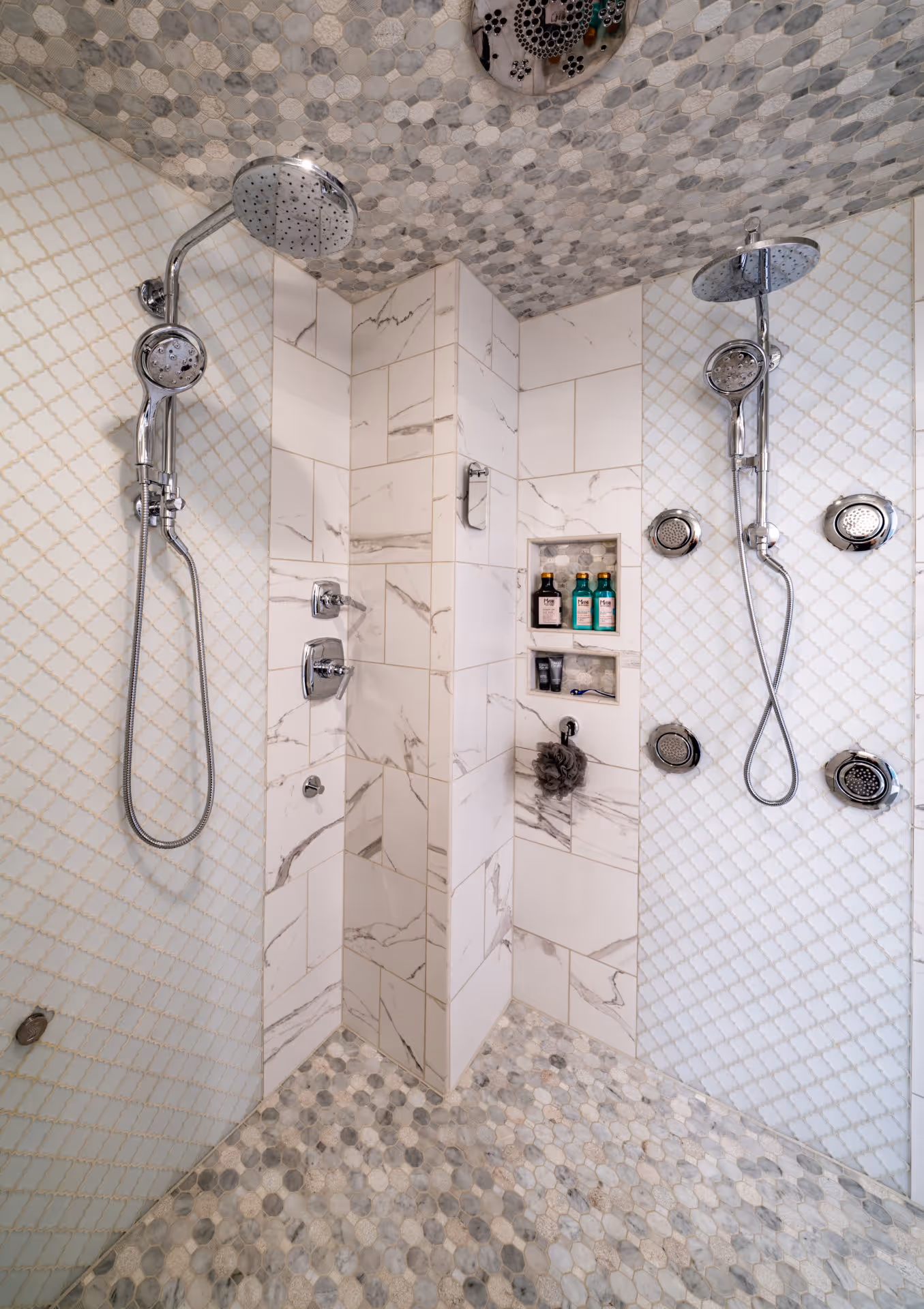 Luxury walk-in shower with marble tile and modern fixtures in Elizabethtown, PA