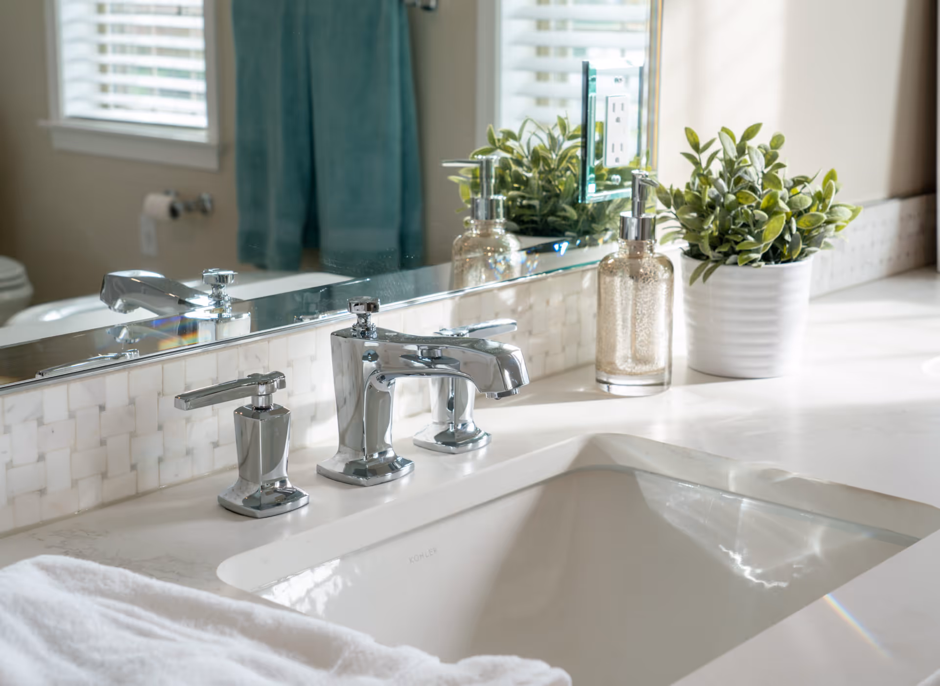 Modern bathroom featuring chrome fixtures and a minimalist design, located in Elizabethtown, PA.