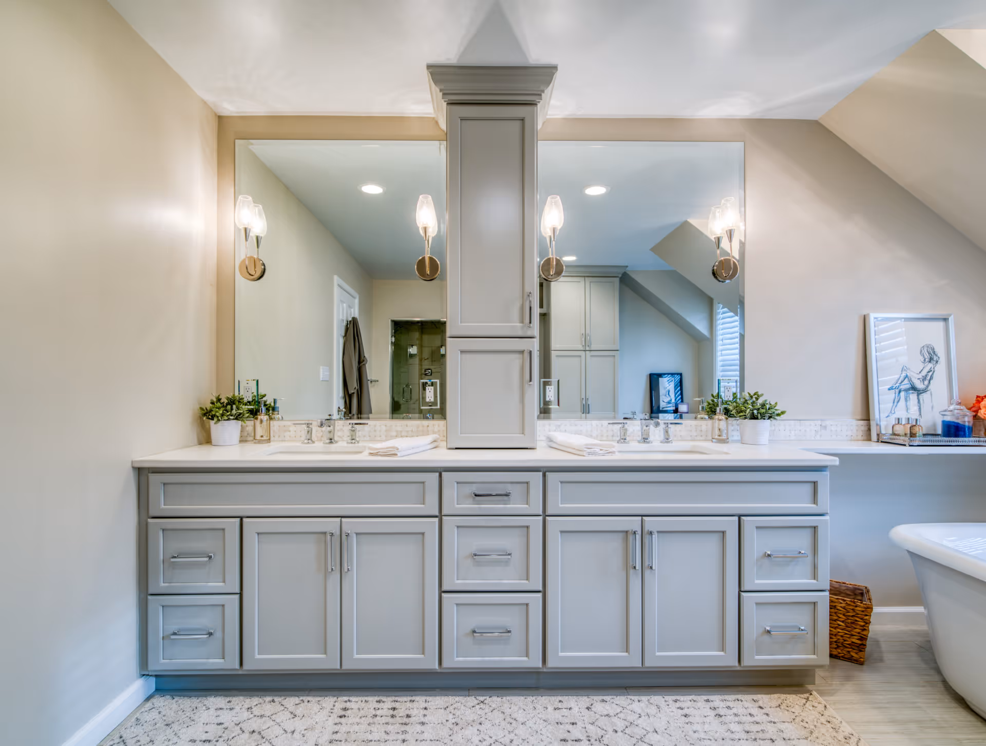 Modern bathroom with gray cabinetry and a freestanding tub, located in Elizabethtown, PA.