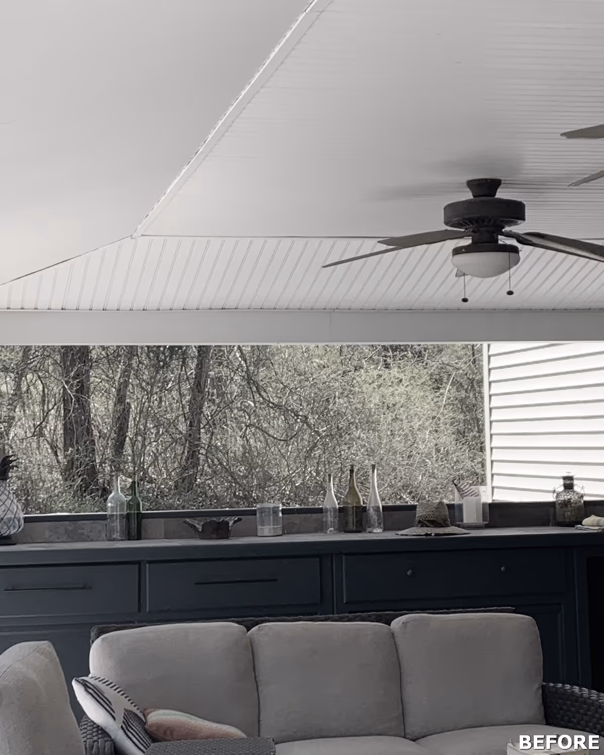 Outdoor living space with a modern design featuring comfortable seating and a stylish ceiling fan in Dillsburg, PA.