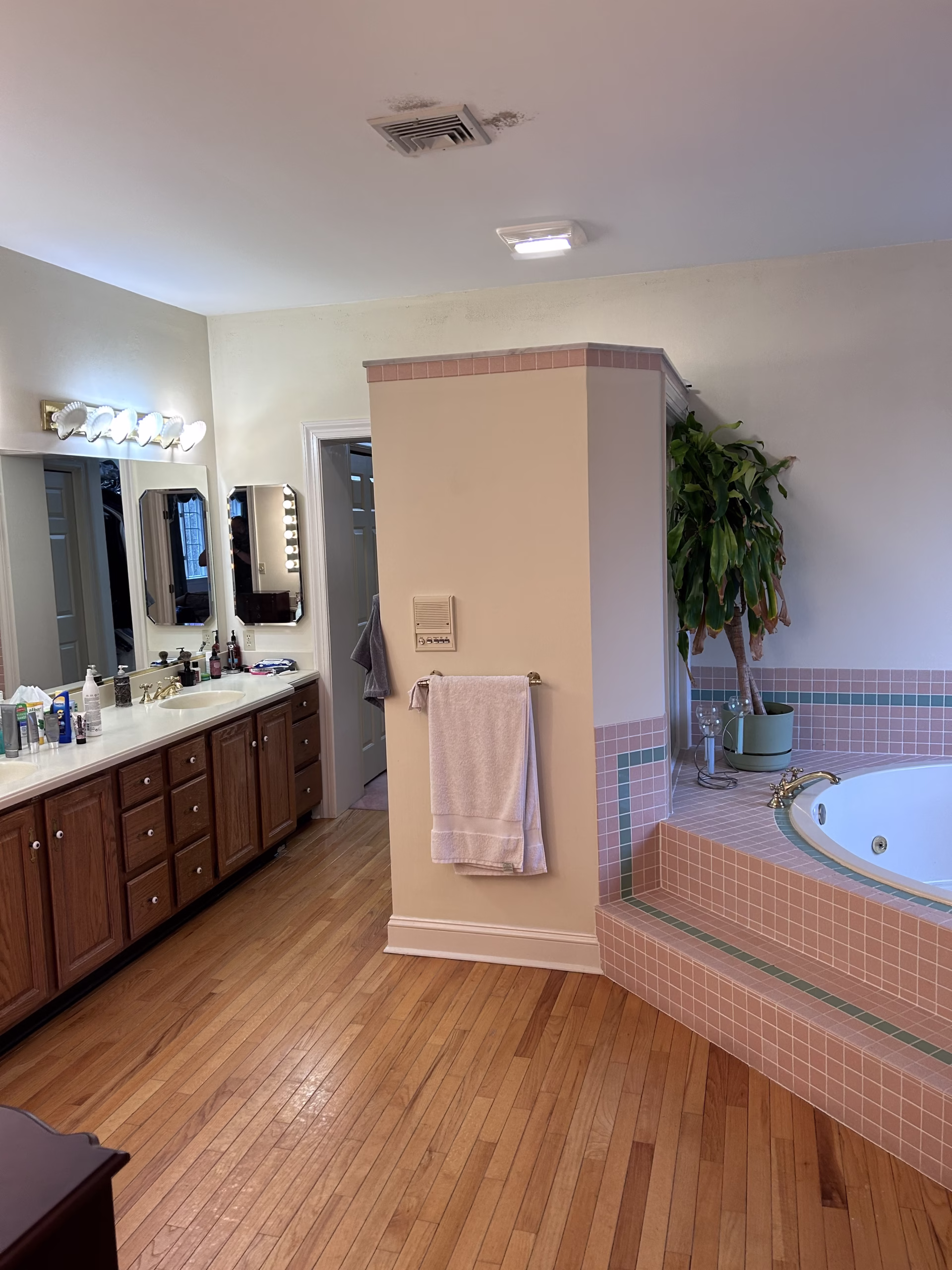 Bathroom remodel featuring wooden cabinets, pink tiled step, and round jacuzzi in Mechanicsburg, PA