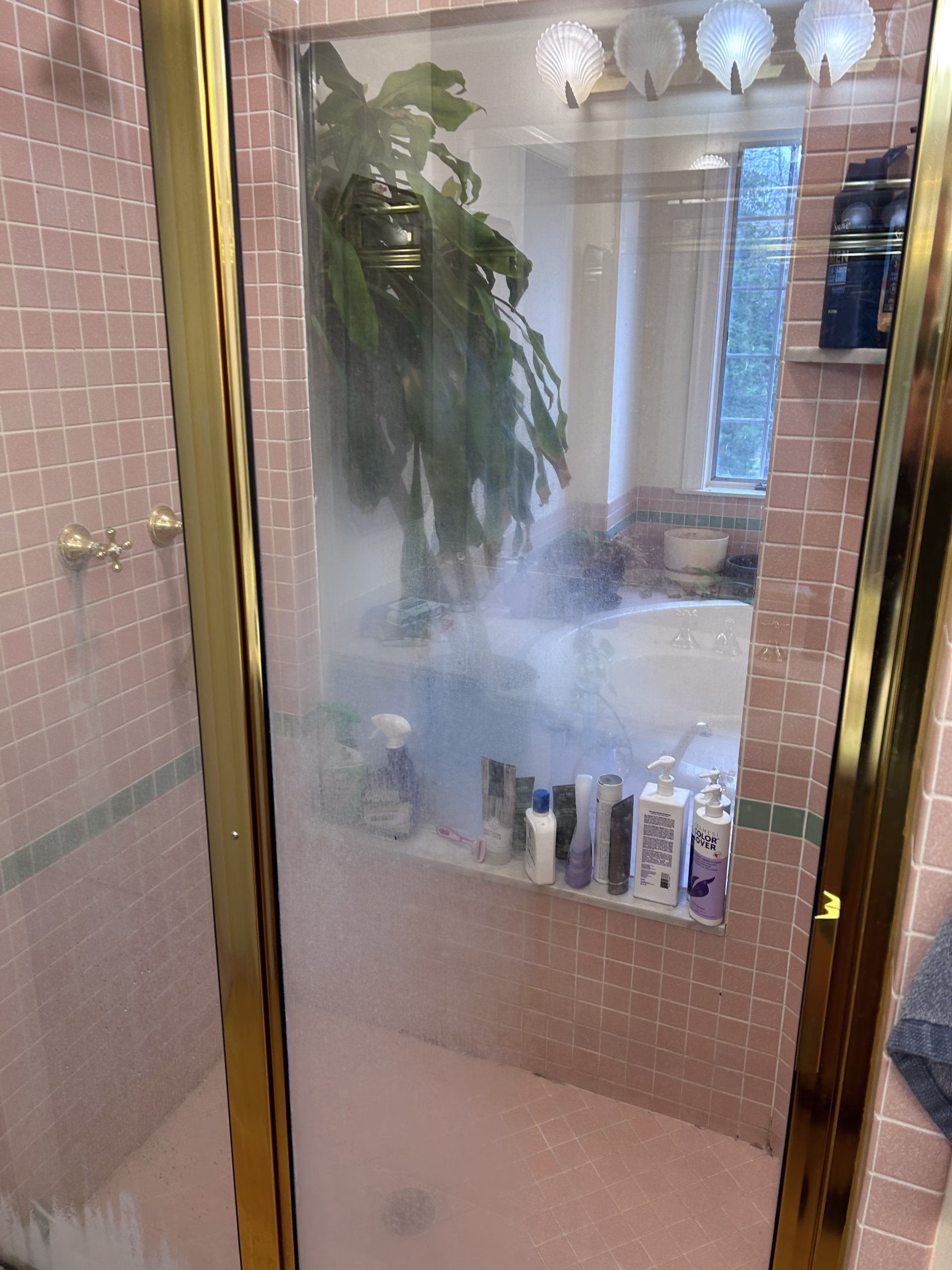 Primary bathroom shower with pink tile, gold fixtures, and greenery, Mechanicsburg, PA