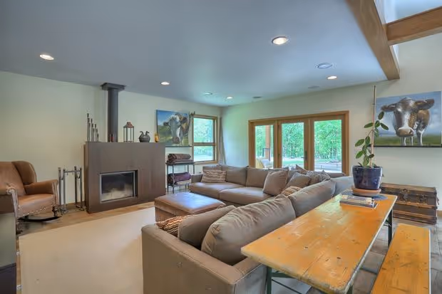 Cozy living room with a modern design featuring a fireplace, large windows, and natural scenery in mechanicsburg, pa.