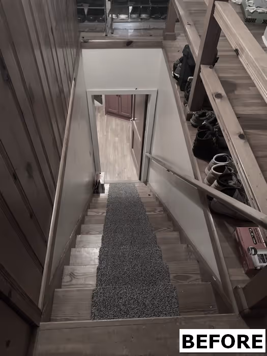 Before view of a wooden staircase leading to a door in a vintage-style home in new cumberland, pa