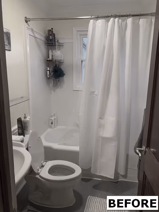 Small bathroom in new cumberland, pa featuring a bathtub, shower curtain, and storage shelf