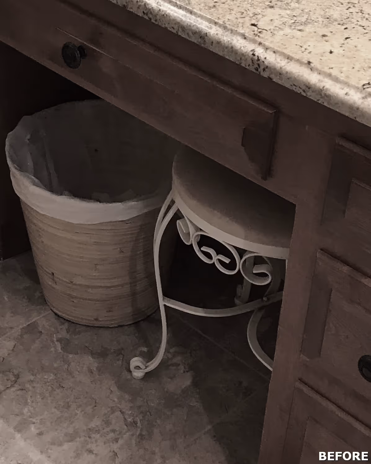 Cozy kitchen nook in Mechanicsburg, PA featuring a vintage stool and woven trash bin