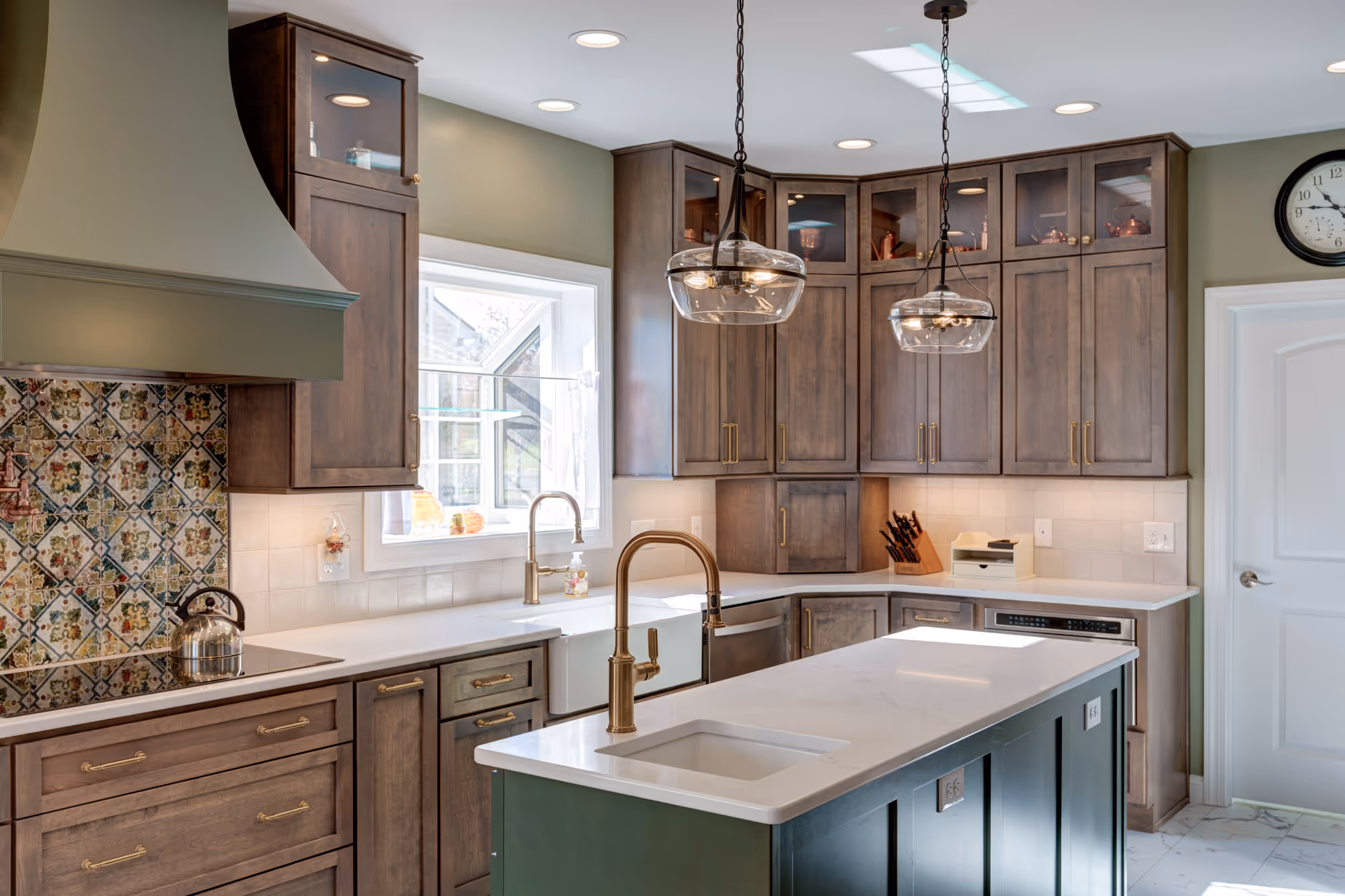 Modern kitchen with wood cabinets and glass pendant lighting in harrisburg, pa