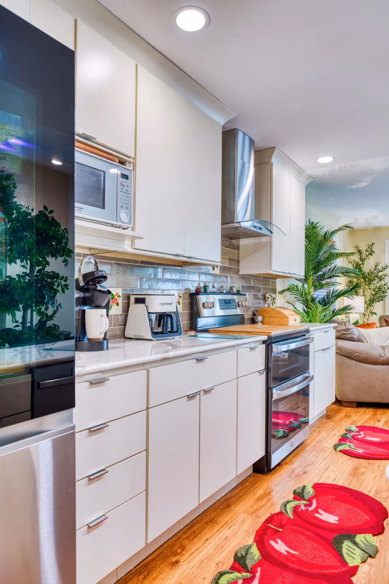 Spacious kitchen with a long island and colorful décor