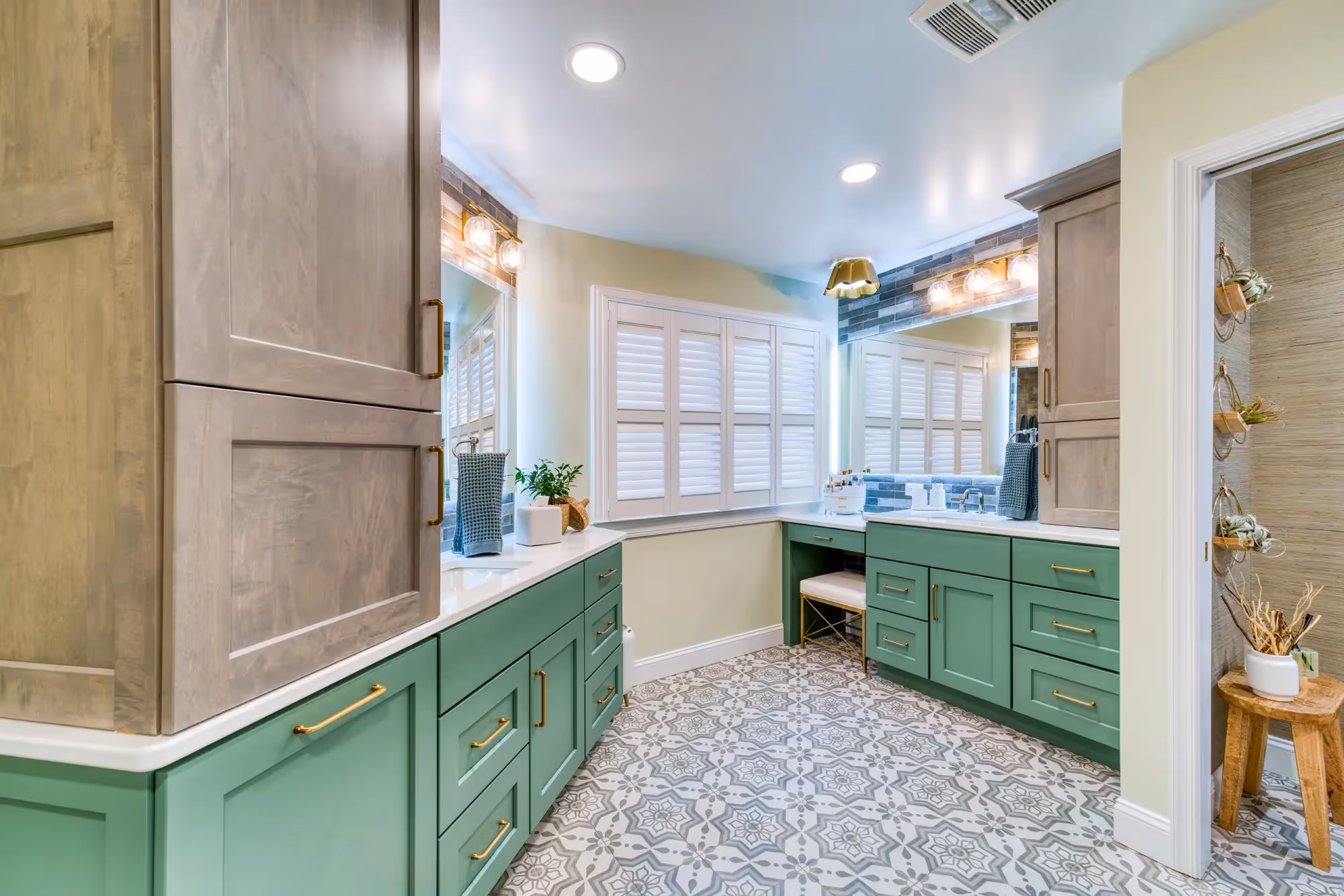 Modern laundry room with green storage cabinets
