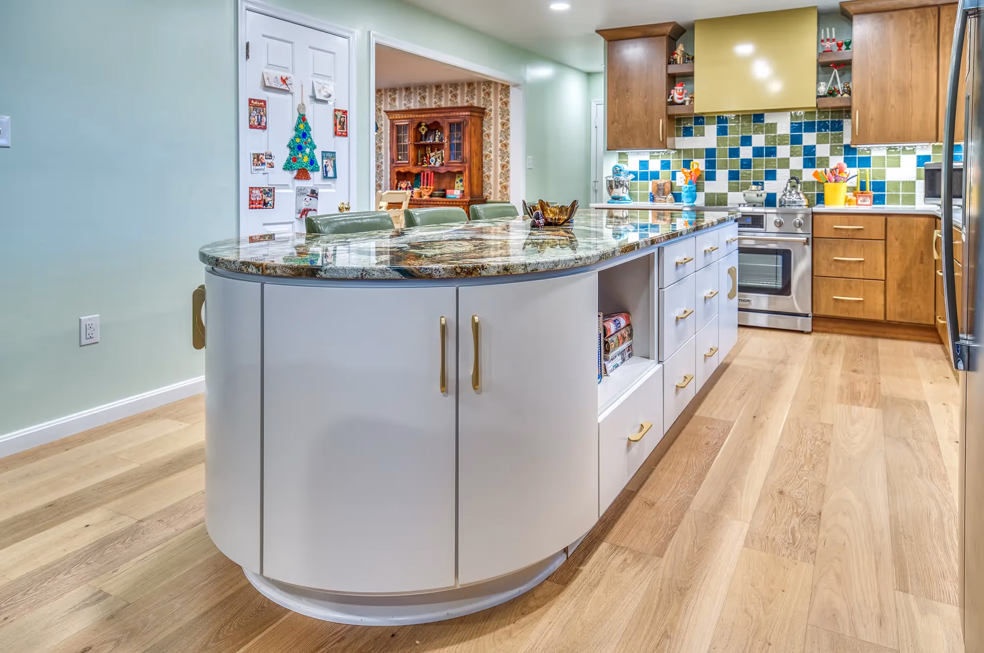 Kitchen with an island, sleek design