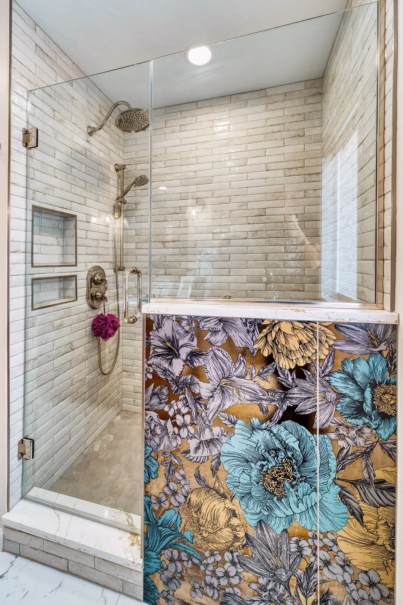 Elegant bathroom vanity with gold-framed mirror