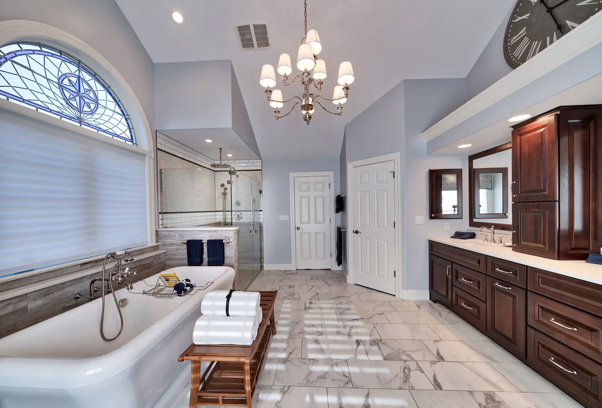 Spacious bathroom with clean design.