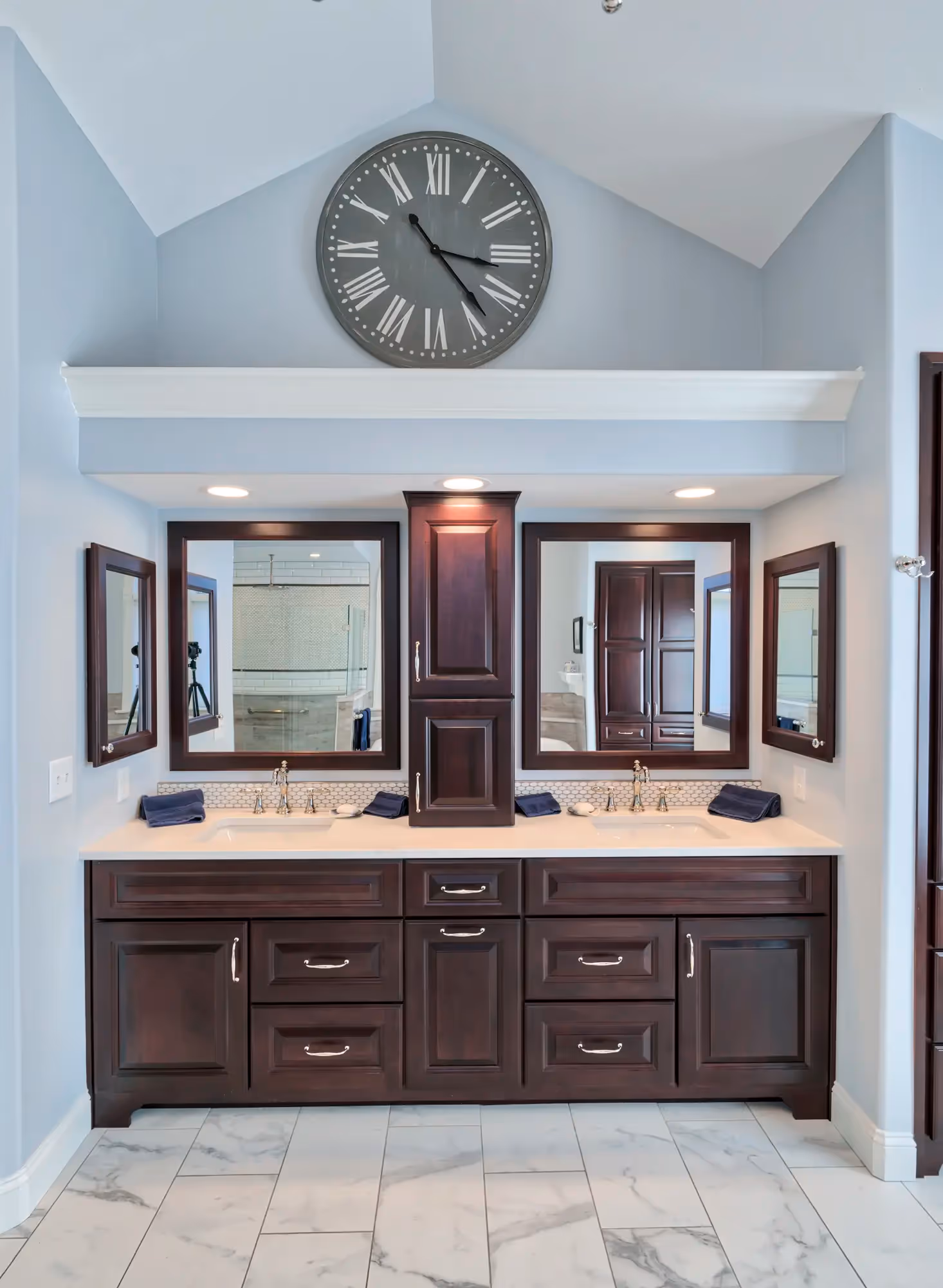 Spacious bathroom with clean design.