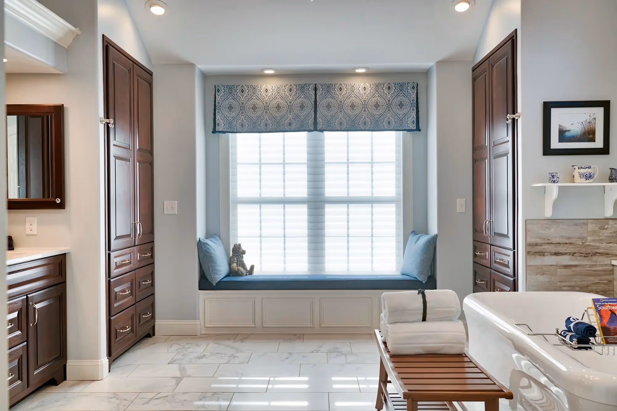 Spacious bathroom with clean design.